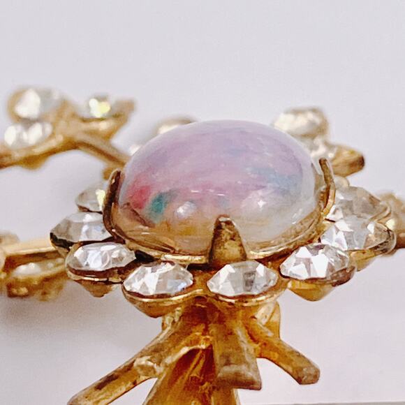 Small VTG Mid Century Faux Opal Rhinestone Floral Brooch Pink Flower Spray Pin - Picture 4 of 11